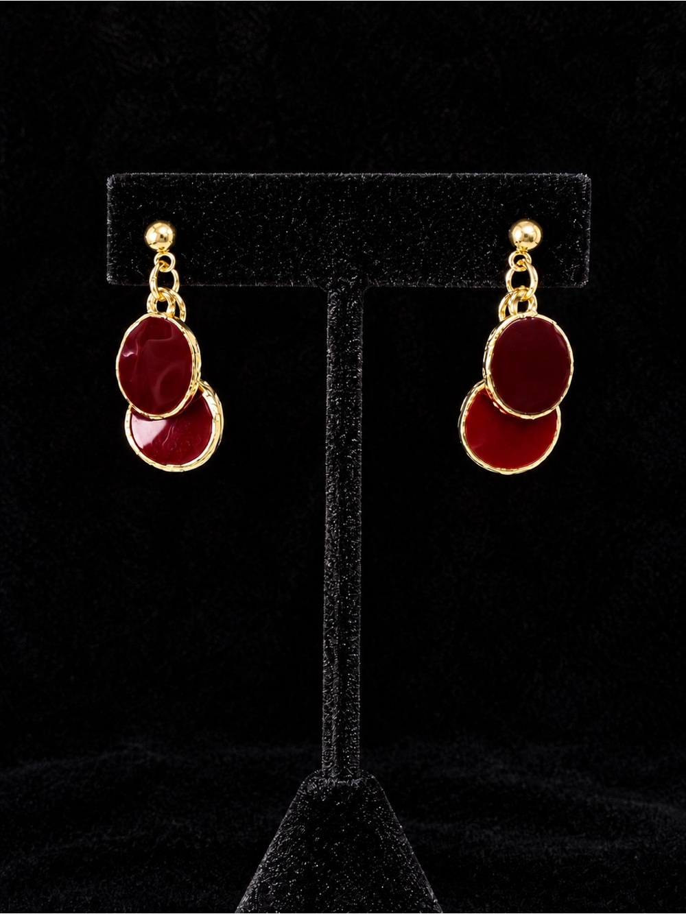 Gold-Tone Double Disc Drop Earrings in Burgundy